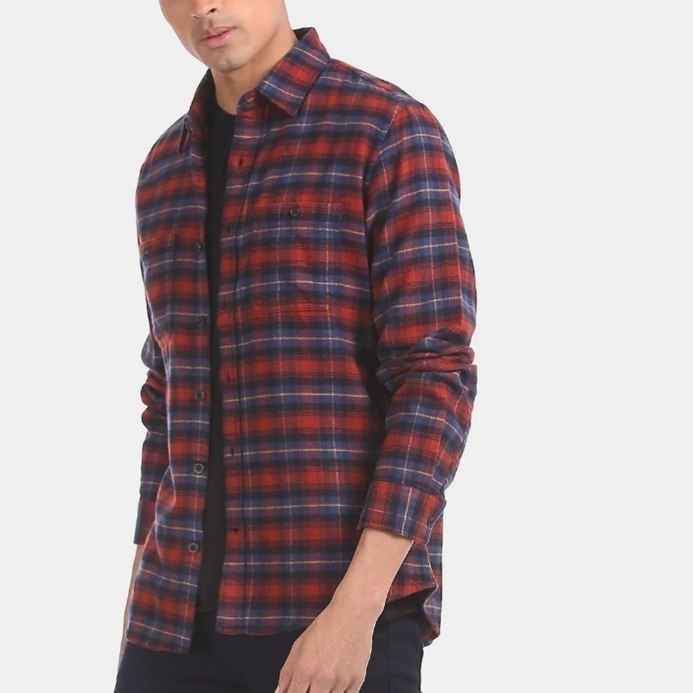 GAP Orange and Blue Plaid Long Sleeve Flannel Button Up Shirt Size Medium